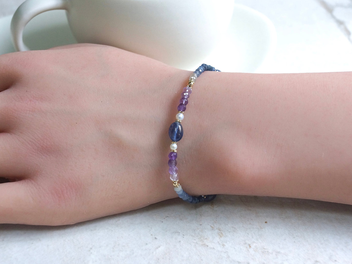 14K Solid Gold: Ombre Blue Sapphire Beaded Bracelet, Amethyst, Shaded Precious Stone, Fine Jewelry, Boho, Bohemian, Chakra Jewelry