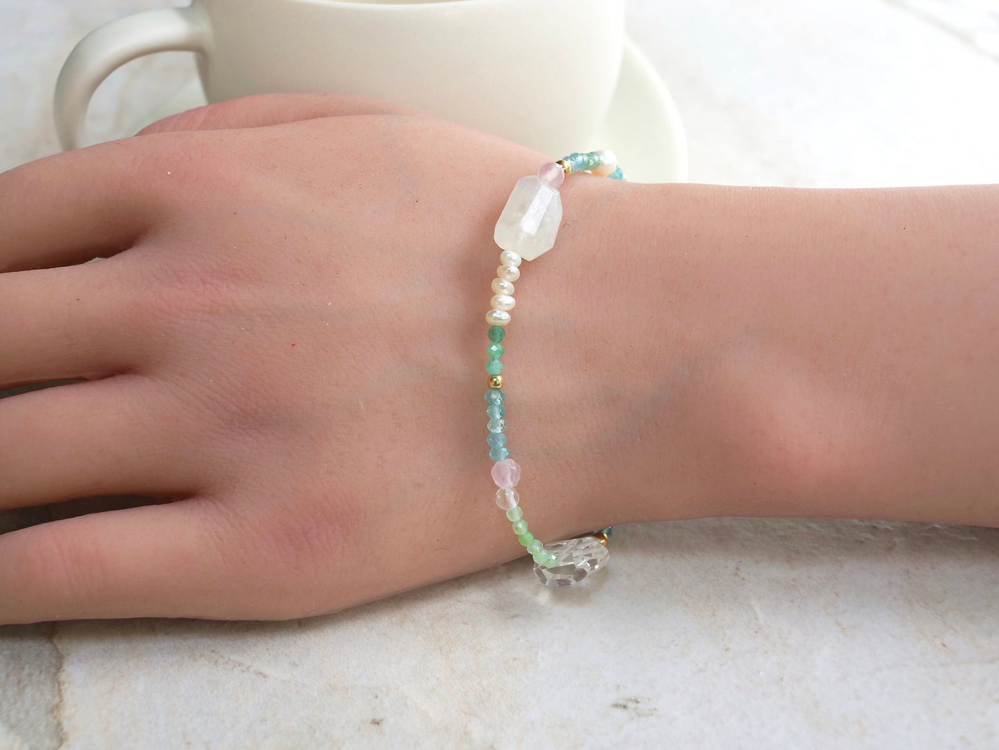 14K: Apatite Bracelet | 2.5mm | Pastel Green & Blue | Green Gemstone | Boho| Delicate  | Fine Jewelry | Anniversary