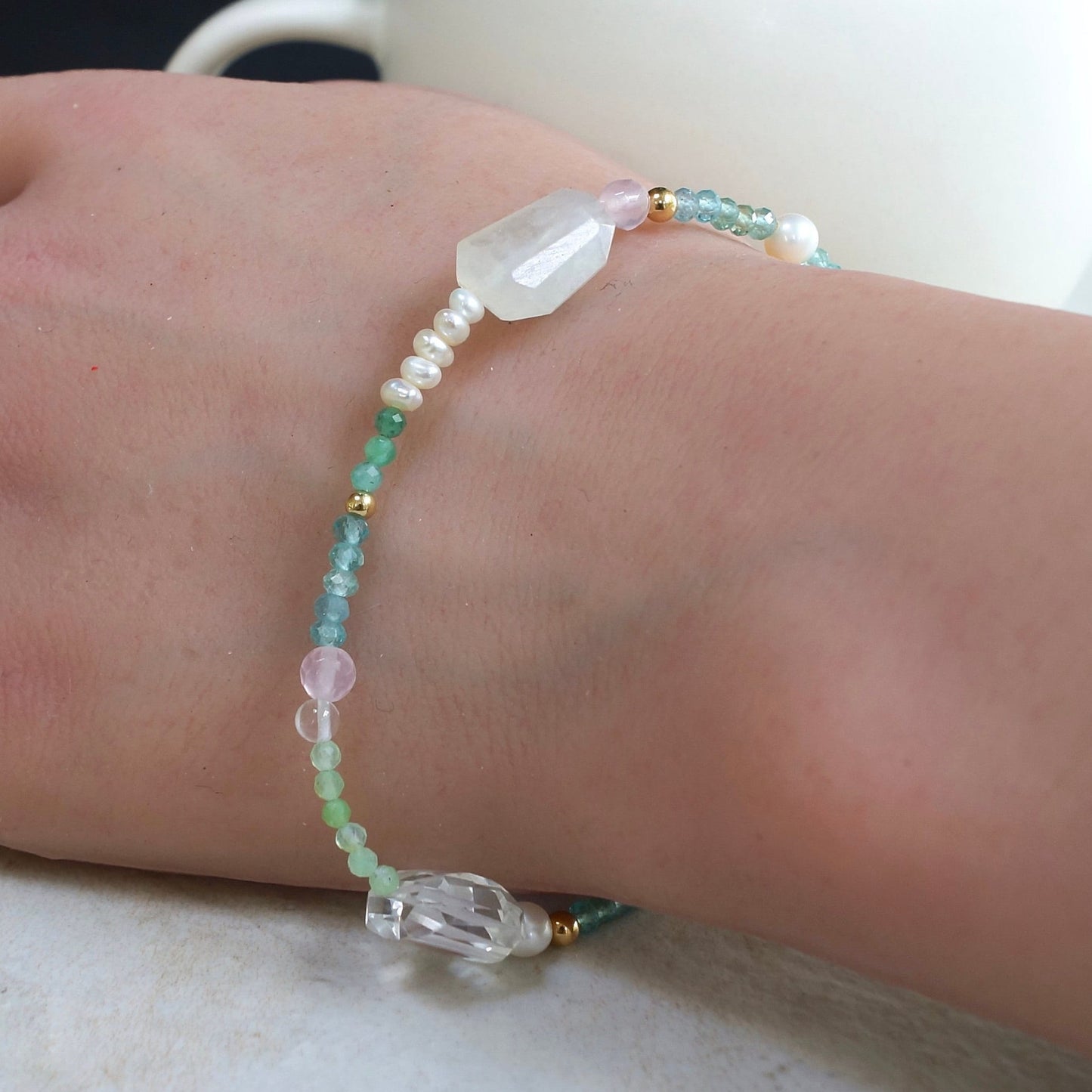 14K: Apatite Bracelet | 2.5mm | Pastel Green & Blue | Green Gemstone | Boho| Delicate  | Fine Jewelry | Anniversary