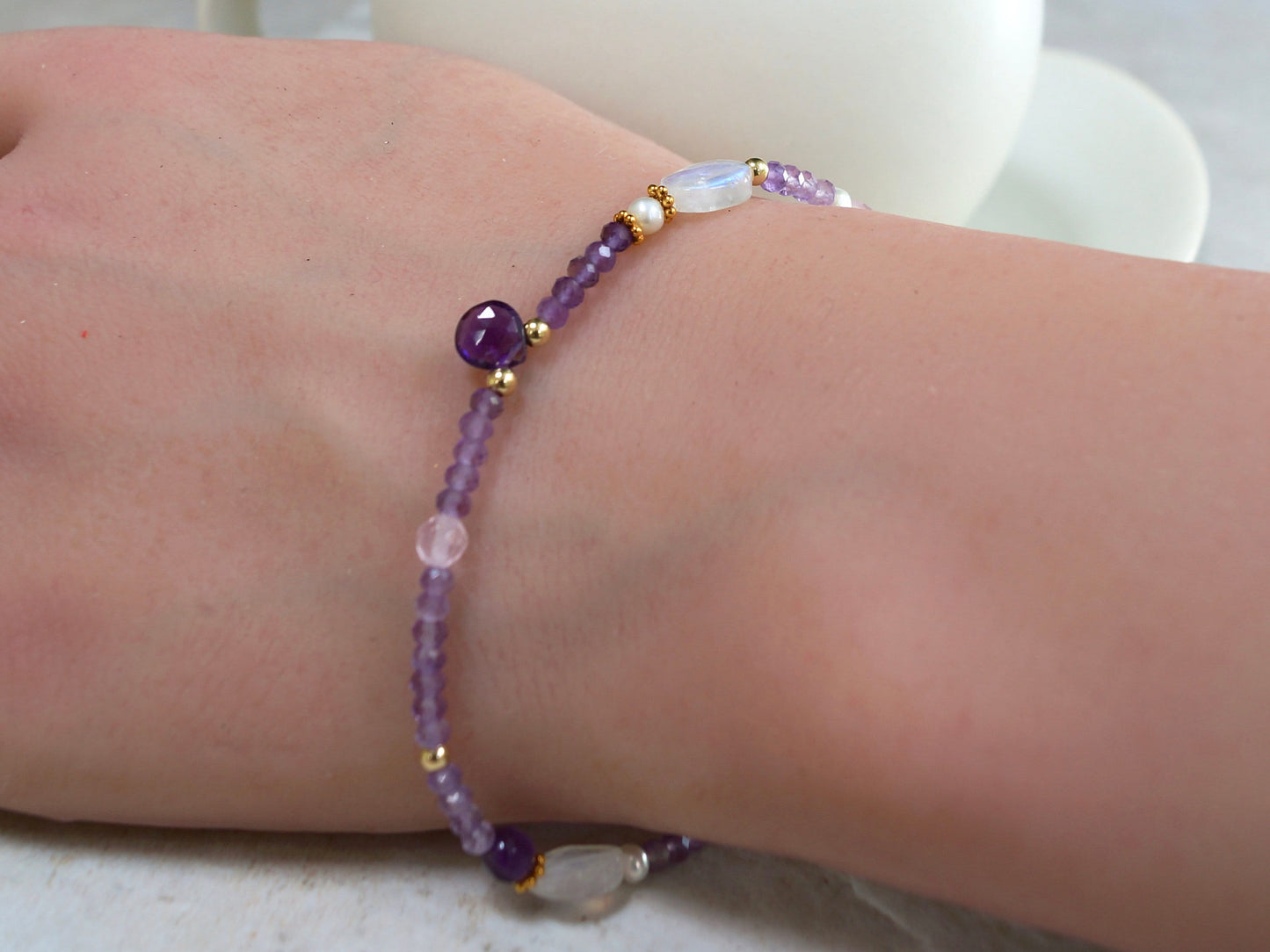 14K: Amethyst Bracelet | 2.5mm | Pastel purple & Pink | Spiritual Bracelet | Boho| Delicate  | Fine Jewelry | Anniversary