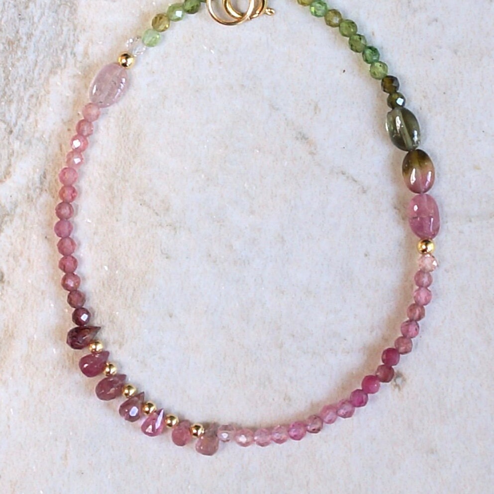 14K Solid Gold: Tourmaline Bracelet | 2.5mm | Ombre | Teal Blue | Pink Green | Ocher