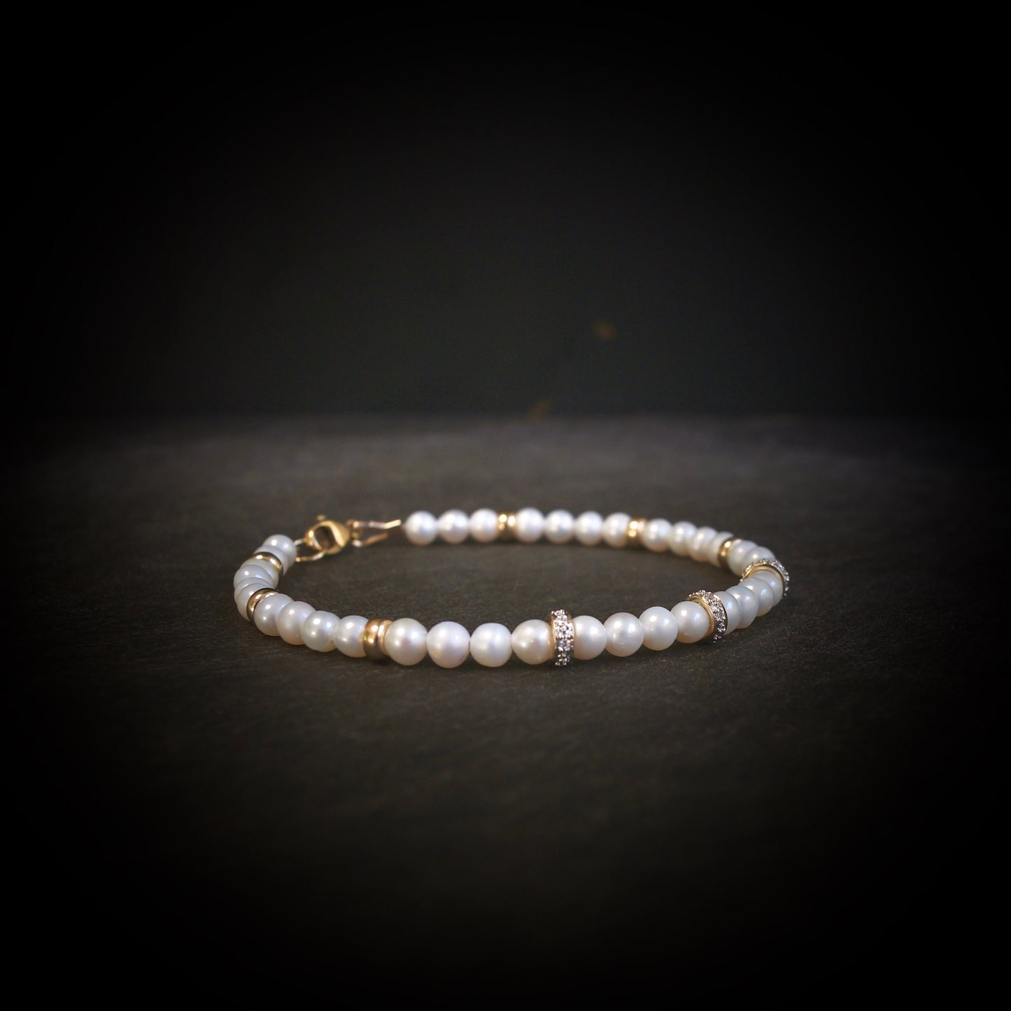 14K Solid Gold: Diamond & Pearl Bead Bracelet | 4mm | Bridal Jewelry |Ivory Pearl| Natural Diamond| Fine Jewelry| Natural Pearl