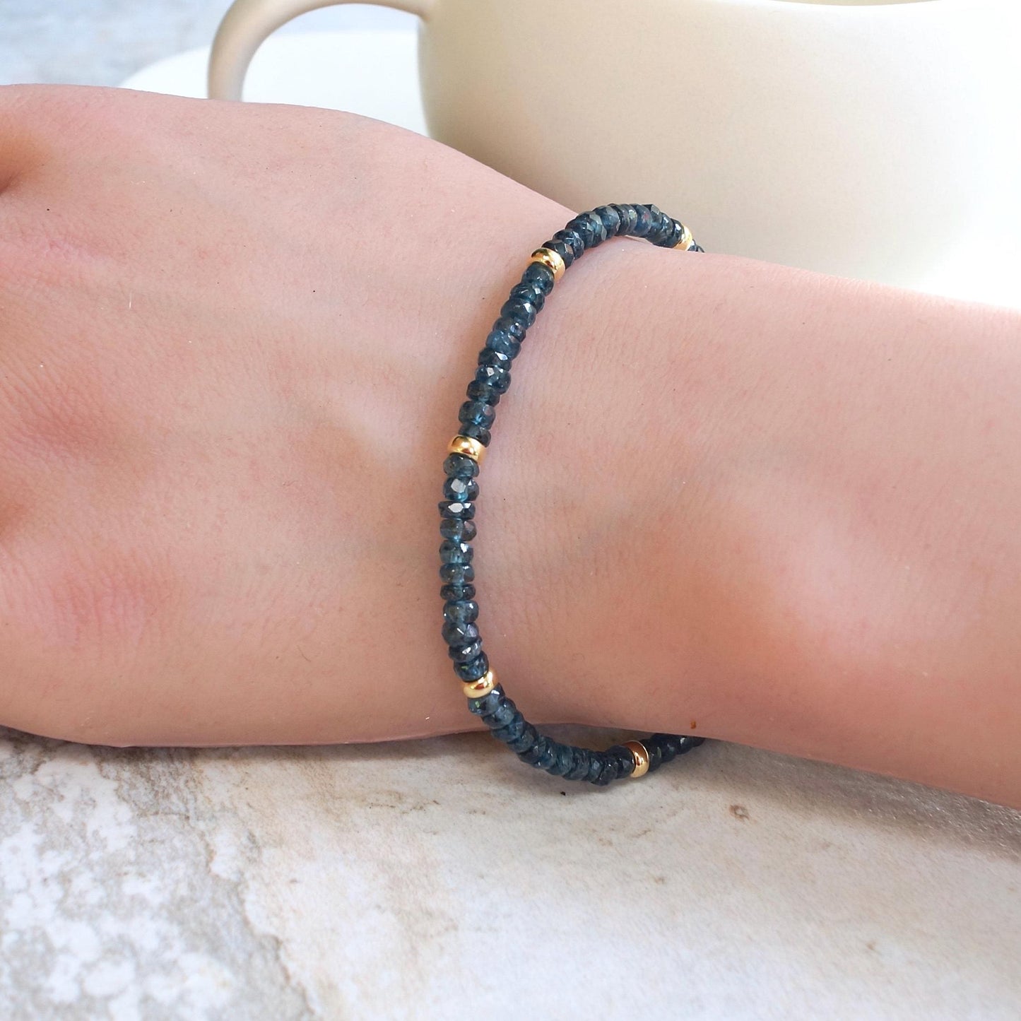 14K Solid Gold: Teal Kyanite Bead Bracelet| 3mm| Teal Green| Fine Jewelry| Healing Crystal | Spiritual Bracelet